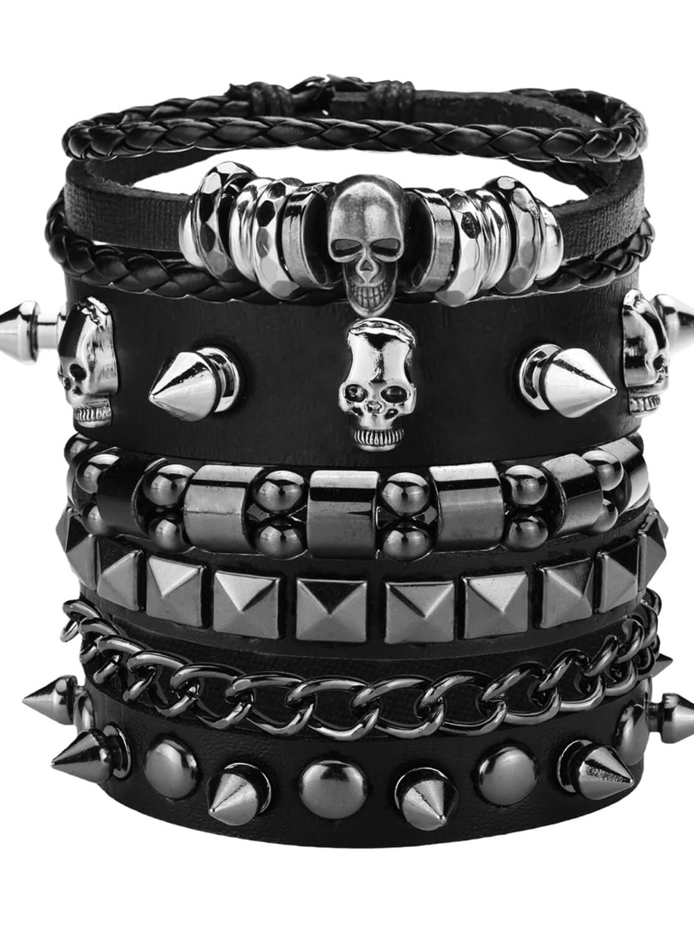 4 Pcs Punk Bracelets for Men Women Leather Studded Cuff Wristband Set Goth Rock